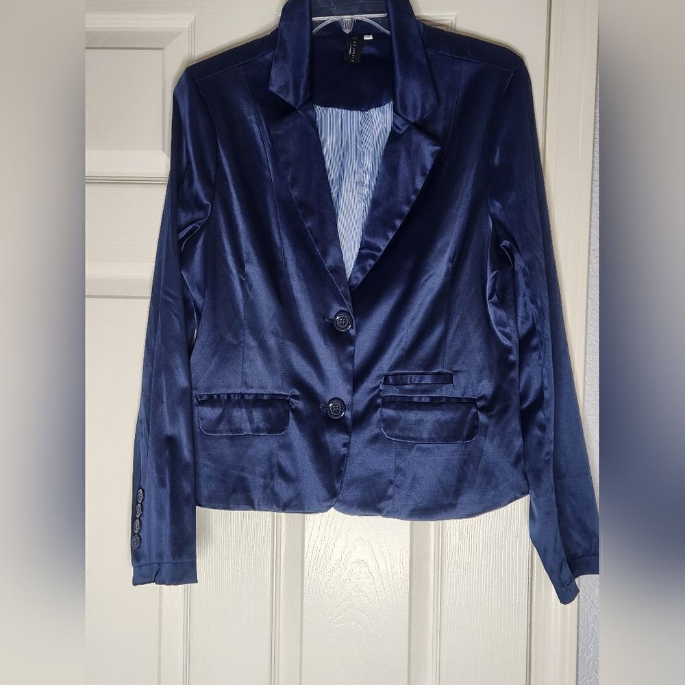 Miss Ashley M Navy Blue Lined 2 Buttons Pockets Satin Women's Blazer